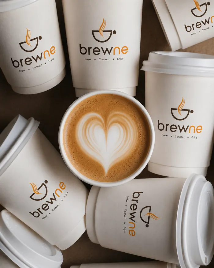 A heart latte surrounded by white Brewne cups