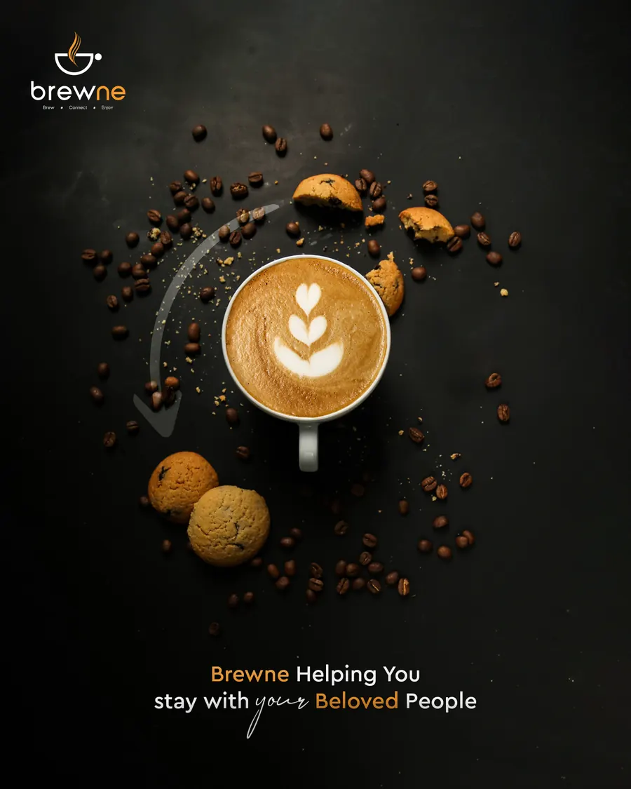 Poster: Brewne helping you stay with your beloved people. A latte with cookies on a dark table.