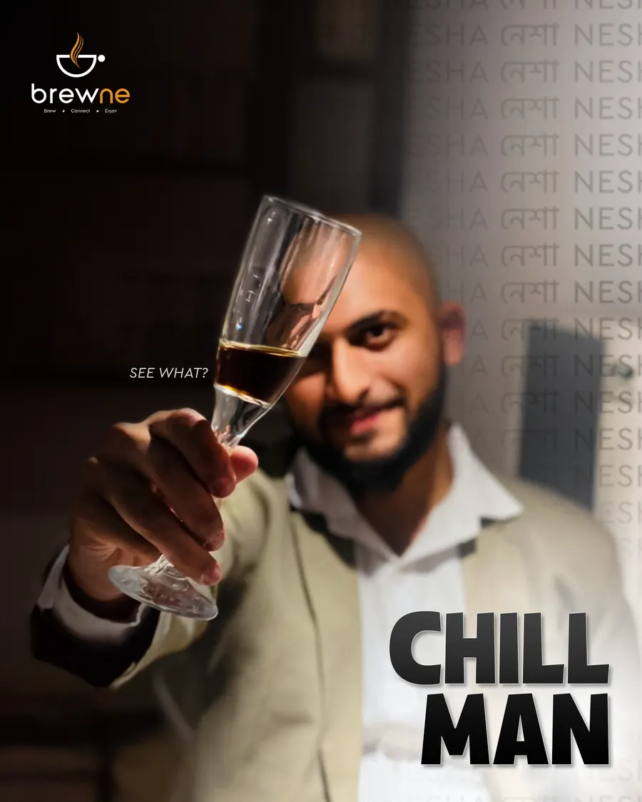 Poster: Chill man. A guest raising a glass of cold brew.