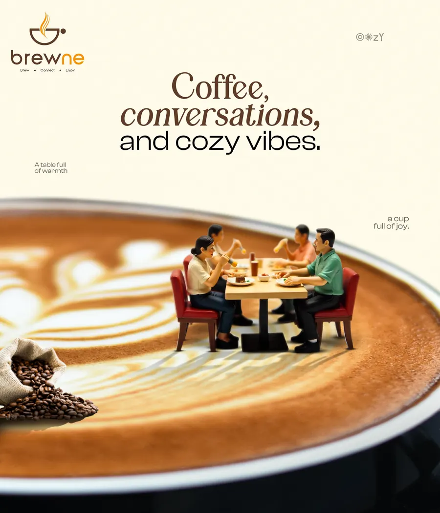 Poster: Coffee, conversations, and cozy vibes. Miniature friends at a table on top of a latte.