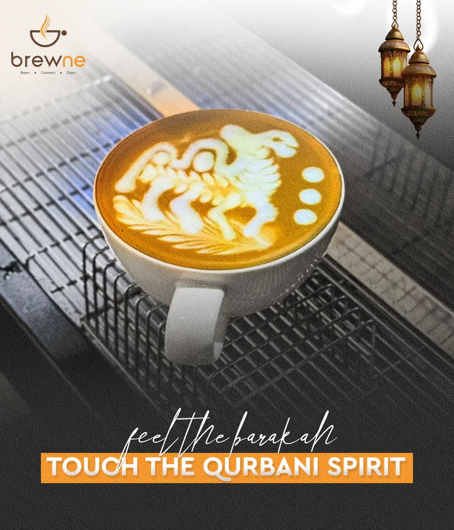 Eid poster: feel the barakah, touch the Qurbani spirit, with latte art.